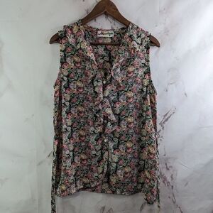 Vintage Tank Top Womens Medium Floral Blouse Shirt Denim Pearl Button 90s Tie